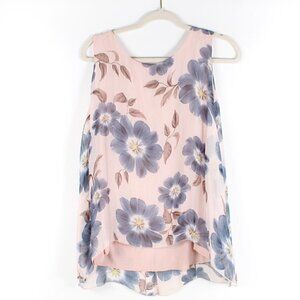 M Made in Italy Floral Sleeveless Chiffon Blouse Pink Blue XL Fits Large NWT